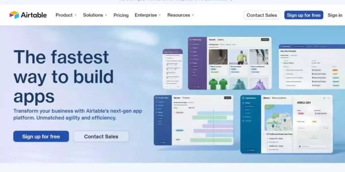 Homepage of Airtable showcasing the tagline 'The fastest way to build apps' with a call-to-action button for signing up for free and contacting sales. The image includes screenshots of various app interfaces demonstrating Airtable's capabilities in transforming business operations with unmatched agility and efficiency.