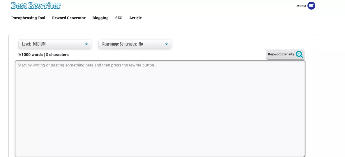 Screenshot of the Best Rewriter paraphrasing tool interface showing a text input area with the instruction 'Start by writing or pasting something here and then press the rewrite button.' Options to select paraphrasing level (Medium) and rearrange sentences (No) are visible above the input area. The top menu includes links to Paraphrasing Tool, Reword Generator, Blogging, SEO, and Article sections. A 'Keyword Density' button is located to the right of the text input area.