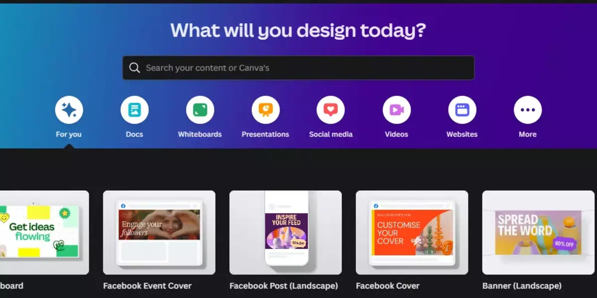 Canva interface showing design options like Docs, Whiteboards, Presentations, Social Media, Videos, Websites, and various templates for Facebook Event Cover, Facebook Post, Facebook Cover, and Banner.