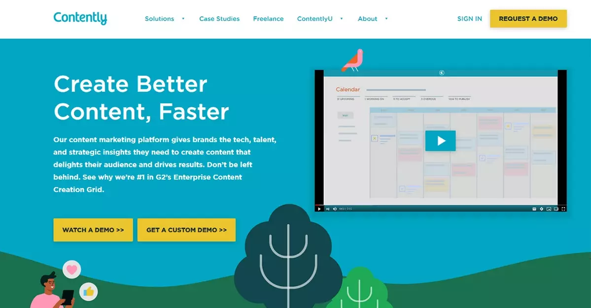 Homepage of Contently showing the slogan 'Create Better Content, Faster' and a description of their content marketing platform. The platform provides brands with the technology, talent, and strategic insights needed to create effective content. The page highlights a video demo and offers buttons to watch a demo or get a custom demo. The image features a bright blue background with an illustration of a bird, trees, and a person using a mobile device.