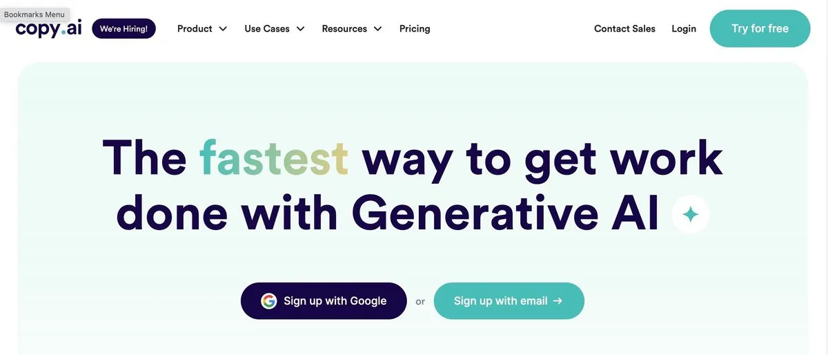 Homepage of Copy.ai with the tagline 'The fastest way to get work done with Generative AI' and options to sign up with Google or email.