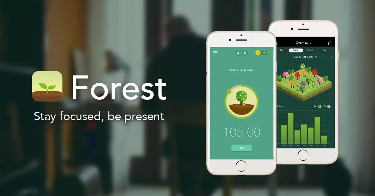 Promotional banner for the Forest app, featuring the app's logo, the tagline 'Stay focused, be present,' and two smartphones displaying the app interface.