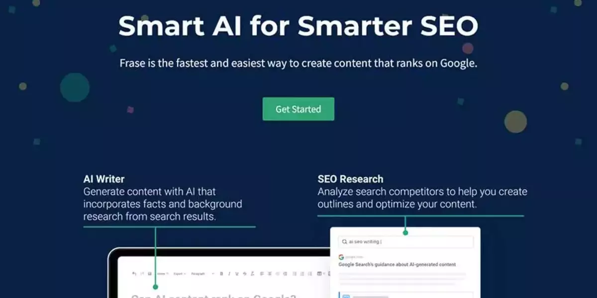 Frase homepage banner highlighting their AI-powered SEO tools. The banner includes a headline 'Smart AI for Smarter SEO' and a call-to-action button labeled 'Get Started'. It describes the AI Writer feature which generates content with AI incorporating facts and background research from search results, and the SEO Research feature that analyzes search competitors to help create outlines and optimize content.
