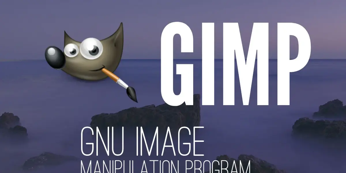 Homepage banner for GIMP (GNU Image Manipulation Program) featuring the GIMP mascot, Wilber, holding a paintbrush in its mouth. The background displays a serene landscape with calm waters and rock formations. The text on the image reads 'GIMP' in large, bold letters, with 'GNU Image Manipulation Program' written below in smaller text.