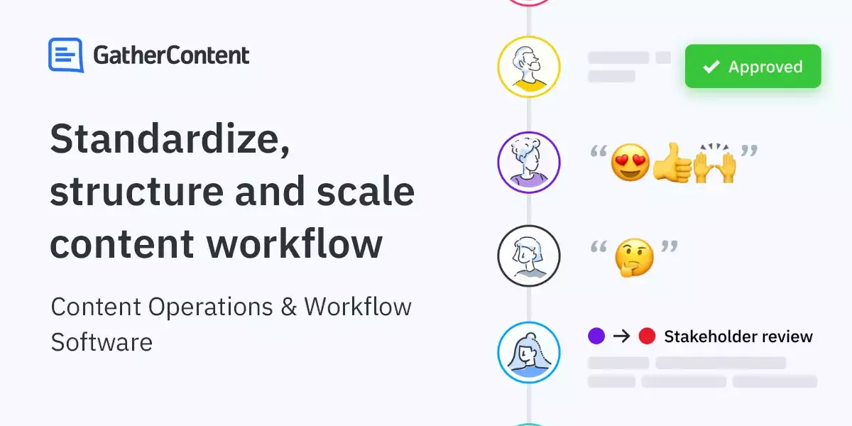 Homepage of GatherContent showcasing the tagline 'Standardize, structure and scale content workflow' with a visual representation of content operations and workflow software, including various user feedback icons and approval statuses.