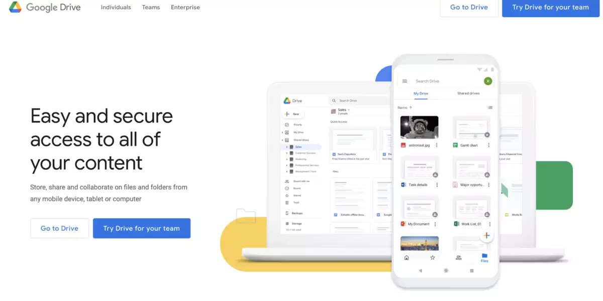 Google Drive homepage showcasing the service with the headline 'Easy and secure access to all of your content.' The description reads, 'Store, share and collaborate on files and folders from any mobile device, tablet or computer.' The image features a laptop and a smartphone displaying the Google Drive interface with various files and folders. There are two buttons at the bottom: 'Go to Drive' and 'Try Drive for your team.'