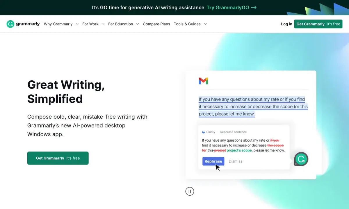 Grammarly homepage showing AI-powered writing assistance for composing clear and mistake-free content.