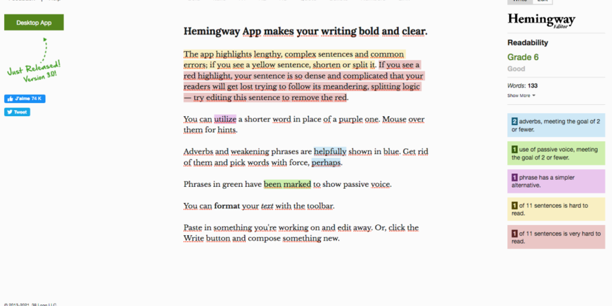 The Hemingway App interface showcasing its features. The text highlights different types of sentences in various colors: yellow for lengthy and complex sentences, red for dense and complicated sentences, blue for adverbs and weakening phrases, and green for passive voice. The readability score is displayed as Grade 6 on the right side, along with color-coded indicators for different writing aspects. There is also a menu on the left side with options like Desktop App, Write, and Edit.