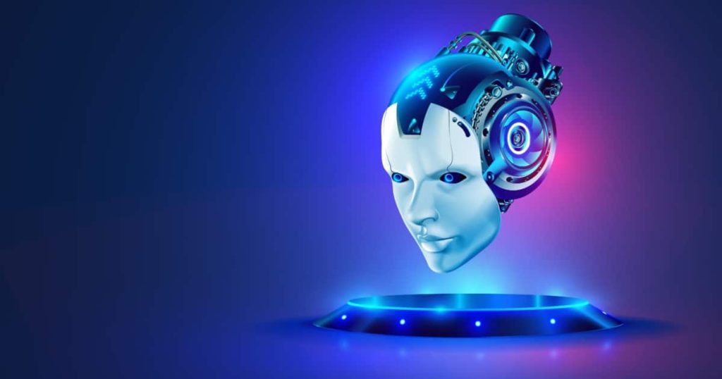 Illustration of a futuristic robotic head with blue glowing eyes and intricate mechanical components, floating above a platform with blue and purple neon lights. The background is a gradient of deep blue and purple, giving a high-tech and advanced technological feel.