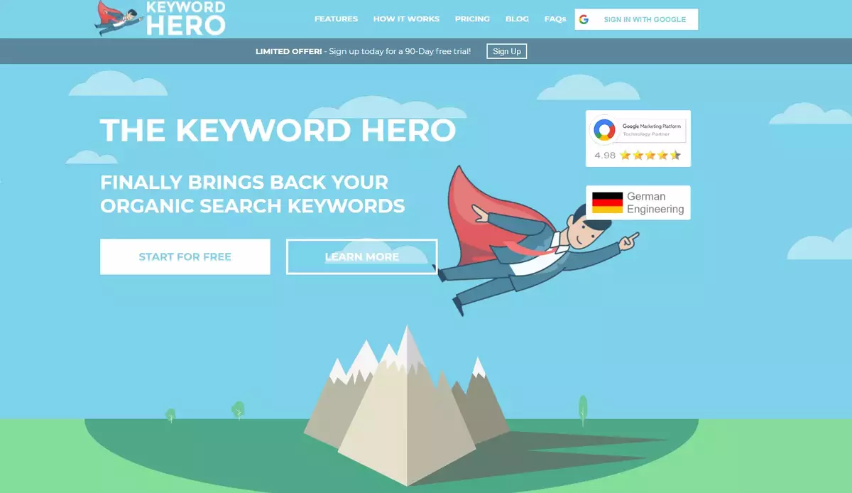 Keyword Hero homepage with a light blue background featuring an illustration of a superhero flying over mountains. The headline reads 'The Keyword Hero' followed by the subheadline 'Finally brings back your organic search keywords.' Below the subheadline, there are two buttons labeled 'Start for free' and 'Learn more.' The top navigation includes links to Features, How it works, Pricing, Blog, FAQs, and a 'Sign in with Google' button. There is also a banner at the top with a limited offer for a 90-day free trial. On the right side, there is a badge showing a 4.98-star rating and the text 'Google Marketing Platform Technology Partner,' as well as a 'German Engineering' label.