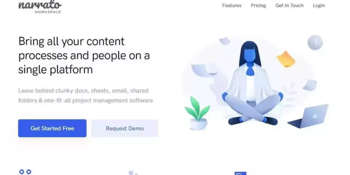 Homepage of Narrato showcasing the tagline 'Bring all your content processes and people on a single platform' with a call-to-action button for getting started for free and requesting a demo. The illustration depicts a person sitting cross-legged with floating documents and a laptop.