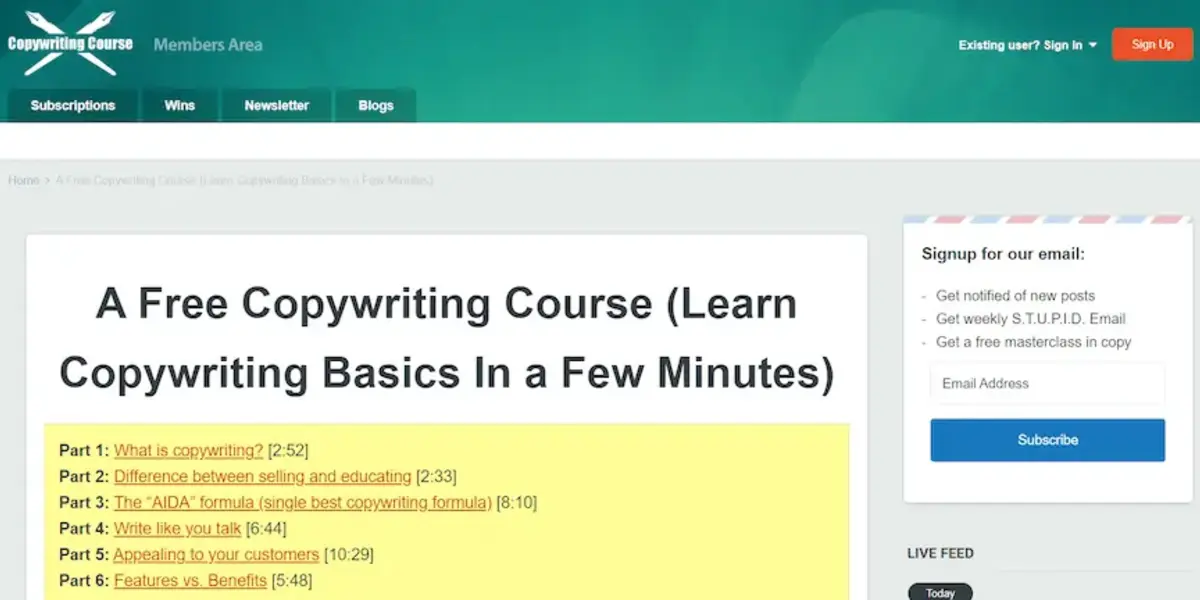 Screenshot of a webpage offering a free copywriting course. The headline reads 'A Free Copywriting Course (Learn Copywriting Basics In a Few Minutes)'. Below, there are links to different parts of the course: Part 1: What is copywriting?, Part 2: Difference between selling and educating, Part 3: The 'AIDA' formula, Part 4: Write like you talk, Part 5: Appealing to your customers, Part 6: Features vs. Benefits. On the right side, there is a signup form for an email newsletter, offering notifications of new posts, a weekly email, and a free masterclass in copywriting.