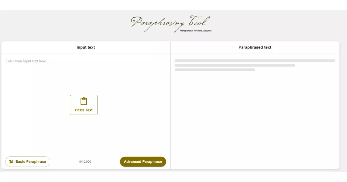 Screenshot of the Paraphrase Tool website interface showing two sections. The left section labeled 'Input text' has a text box with the placeholder 'Enter your input text here...' and a button labeled 'Paste Text.' The right section labeled 'Paraphrased text' displays the paraphrased output. There are two buttons at the bottom: 'Basic Paraphrase' and 'Advanced Paraphrase.'