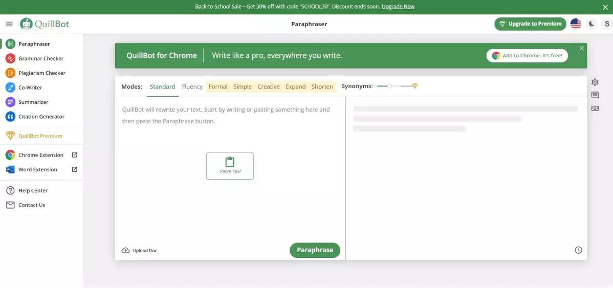 Screenshot of the QuillBot paraphrasing tool interface showing a text input area with the instruction 'QuillBot will rewrite your text. Start by writing or pasting something here and then press the Paraphrase button.' There are various modes available, such as Standard, Fluency, Formal, Simple, Creative, Expand, and Shorten. A slider to adjust synonym usage is also visible. The left sidebar includes options for Paraphraser, Grammar Checker, Plagiarism Checker, Co-Writer, Summarizer, Citation Generator, and Chrome and Word extensions. A 'Paste Text' button is centered, and a 'Paraphrase' button is at the bottom.