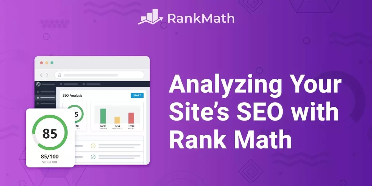 Rank Math homepage showcasing a graphic of SEO analysis with a score of 85/100 and text reading 'Analyzing Your Site's SEO with Rank Math' against a purple background.