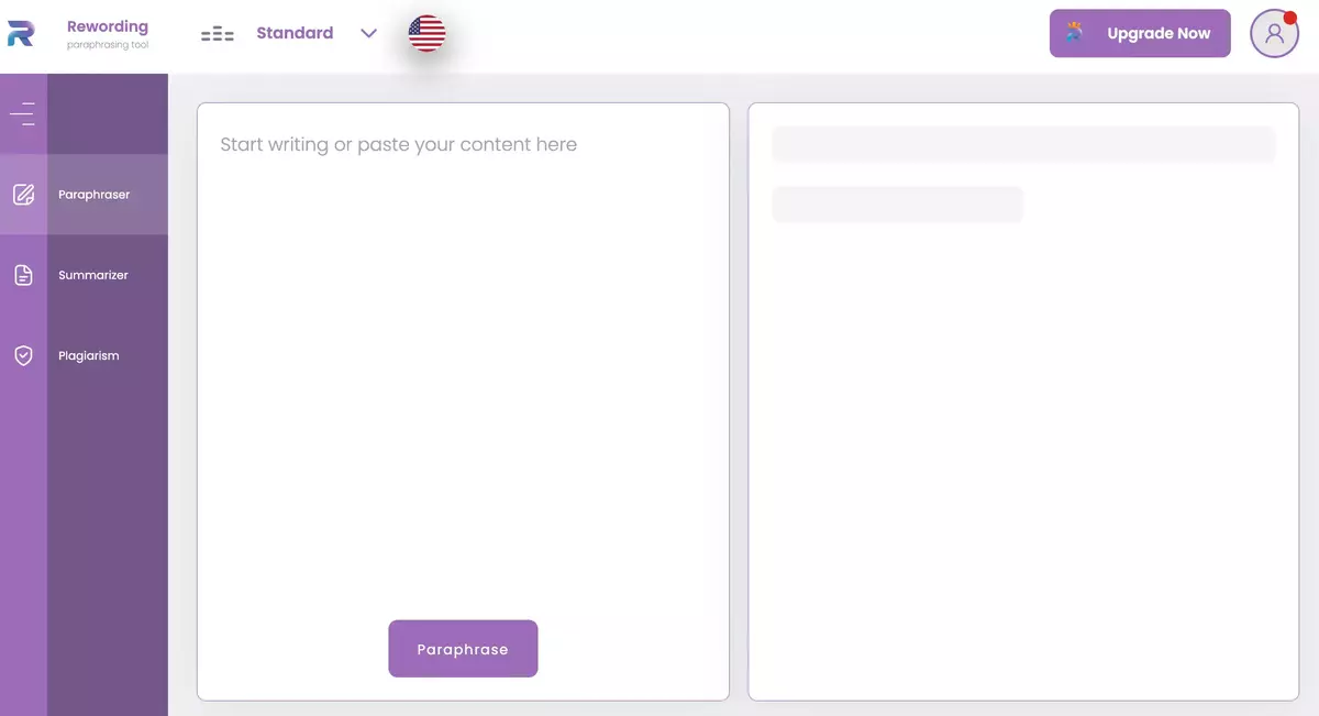 Screenshot of the Rewording.io website interface. The layout shows an area to input text on the left, labeled 'Start writing or paste your content here,' and a section for the paraphrased text on the right. The interface includes a purple 'Paraphrase' button at the bottom of the input text area. The left sidebar displays three options: Paraphraser, Summarizer, and Plagiarism, with the Paraphraser option highlighted. The top section includes a language selection button with the American flag icon, a 'Standard' mode selection, and an 'Upgrade Now' button in the top right corner.