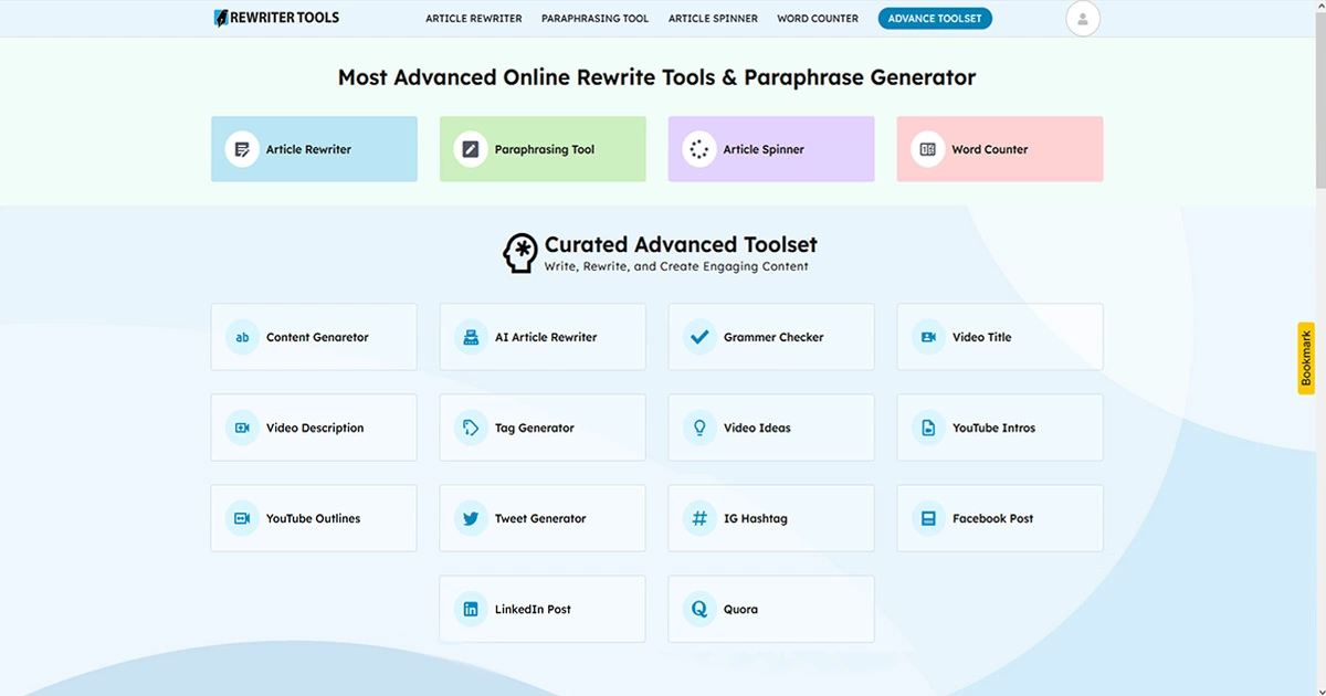 Screenshot of the Rewrite Tool website showing a variety of advanced online rewrite tools and paraphrase generators. The interface displays options such as Article Rewriter, Paraphrasing Tool, Article Spinner, and Word Counter. Below these options, a curated advanced toolset section includes tools for Content Generator, AI Article Rewriter, Grammar Checker, Video Title, Video Description, Tag Generator, Video Ideas, YouTube Intros, YouTube Outlines, Tweet Generator, IG Hashtag, Facebook Post, LinkedIn Post, and Quora. The website features a clean and organized layout with colorful tool buttons and navigation options at the top.