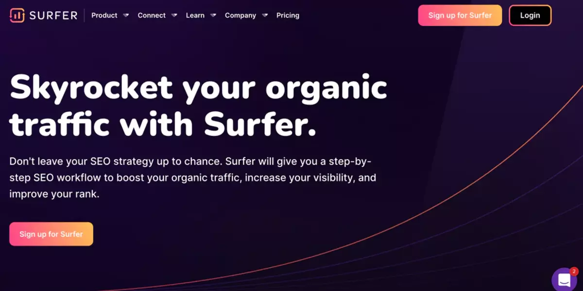 Surfer SEO website banner with the slogan 'Skyrocket your organic traffic with Surfer'.
