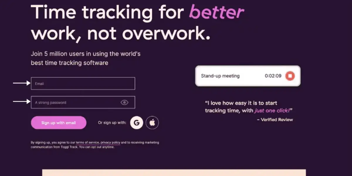 Signup page for Toggl Track time tracking software, highlighting ease of use and efficient time tracking for better work-life balance.
