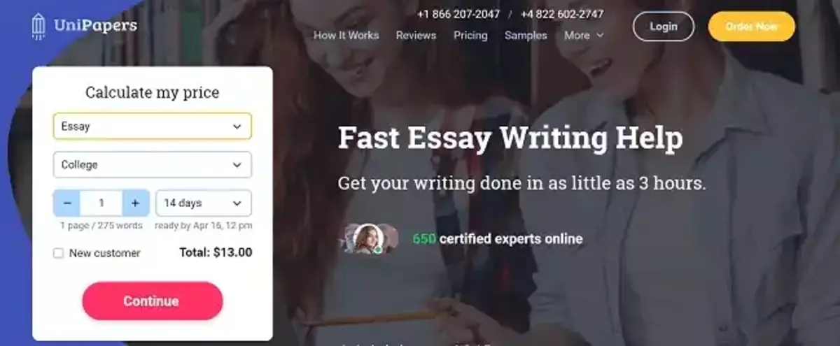 Screenshot of the UniPapers website featuring a pricing calculator on the left with options for selecting the type of document (Essay), academic level (College), number of pages, and deadline (14 days). The total cost displayed is $13.00. The right side of the image shows the text 'Fast Essay Writing Help' with a tagline 'Get your writing done in as little as 3 hours.' A small icon indicates that 650 certified experts are online. There are buttons for logging in and ordering now at the top right.