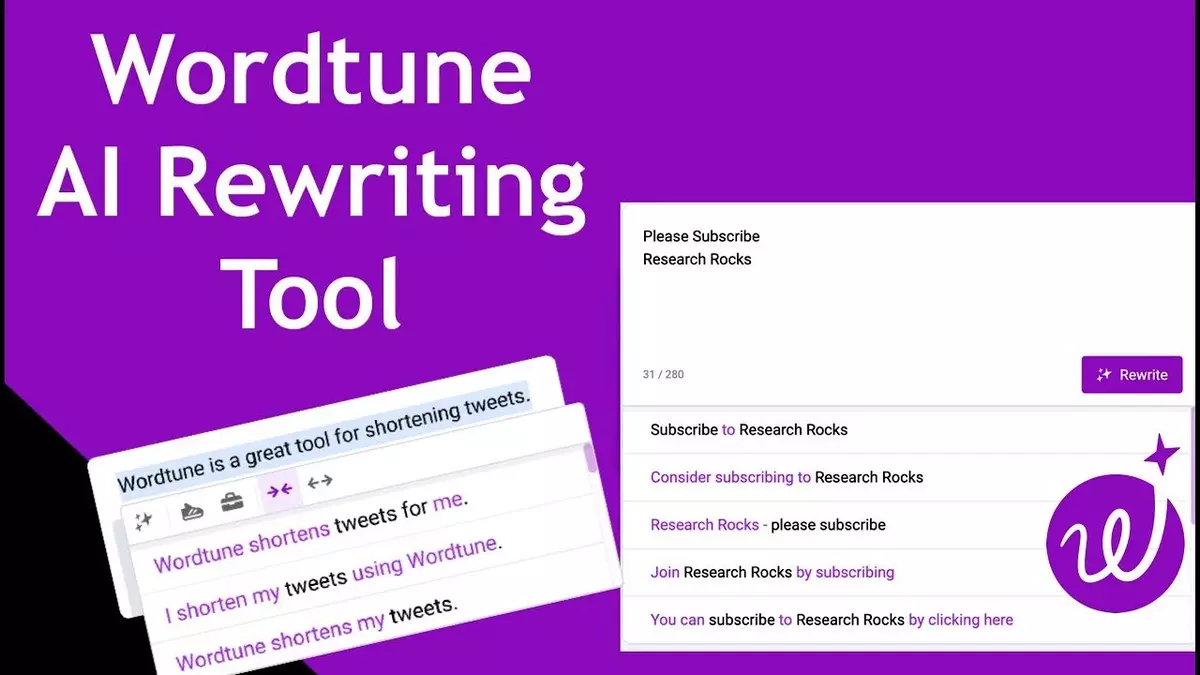 Wordtune AI Rewriting Tool advertisement with examples of text rewriting and the Wordtune logo on a purple background.