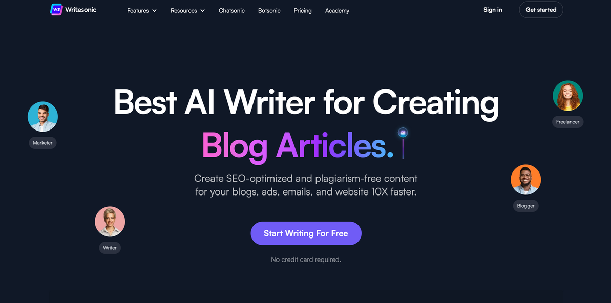 Writesonic website screenshot with the headline 'Best AI Writer for Creating Blog Articles.' The text promotes creating SEO-optimized and plagiarism-free content quickly for blogs, ads, emails, and websites. There are images of four people labeled as Marketer, Writer, Freelancer, and Blogger. A button at the bottom reads 'Start Writing For Free.
