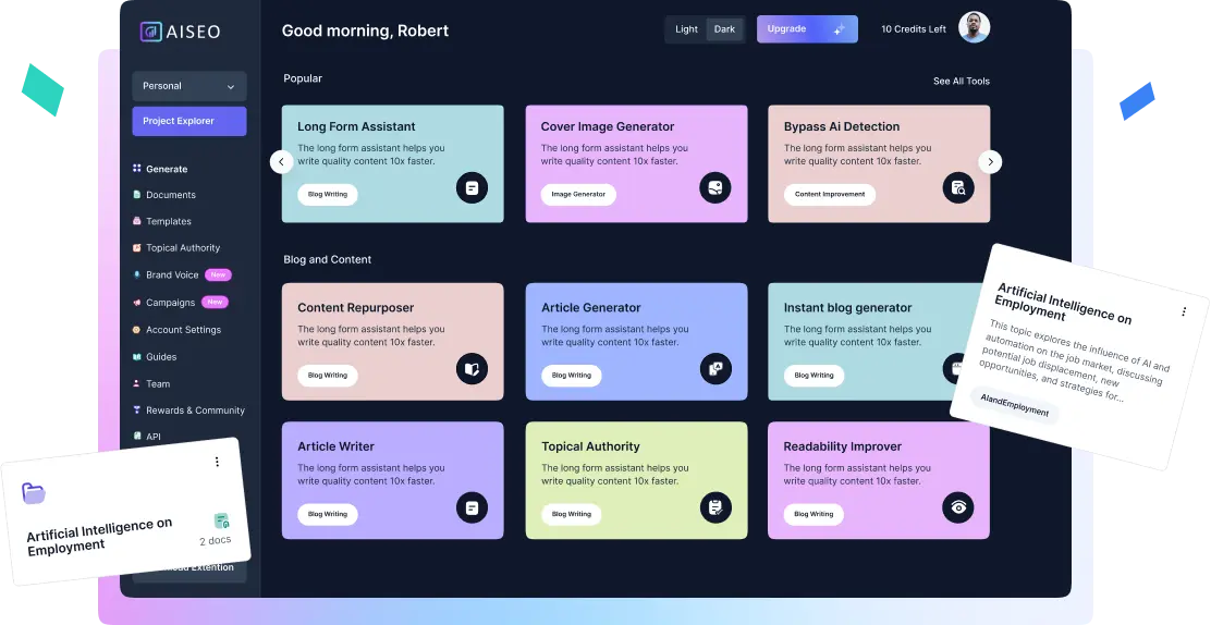 Screenshot of the AISEO dashboard interface showing various tools for content generation. The interface displays options such as Long Form Assistant, Cover Image Generator, Bypass AI Detection, Content Repurposer, Article Generator, Instant Blog Generator, Article Writer, Topical Authority, and Readability Improver. Each tool has a description stating that the long form assistant helps you write quality content 10x faster. The interface is in dark mode with a greeting 'Good morning, Robert' and navigation options on the left side, including Generate, Documents, Templates, Topical Authority, Brand Voice, Campaigns, Account Settings, Guides, Team, Rewards & Community, API, and Chrome Extension.