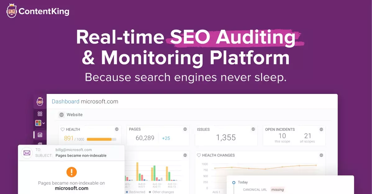 ContentKing promotional image with a purple background. The headline reads 'Real-time SEO Auditing & Monitoring Platform' with the subheadline 'Because search engines never sleep.' Below, there is a dashboard screenshot for microsoft.com showing various SEO metrics such as health score, total pages, issues, and open incidents. A notification email is highlighted with the subject 'Pages became non-indexable' and a warning message indicating the same issue on the website.