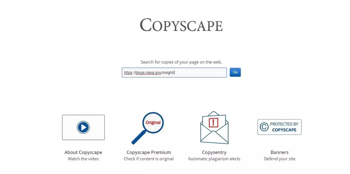 Copyscape website interface showing a search bar to check for copies of a web page. Below the search bar, there are icons and text for 'About Copyscape,' 'Copyscape Premium,' 'Copysentry,' and 'Banners,' each with corresponding descriptions and icons.