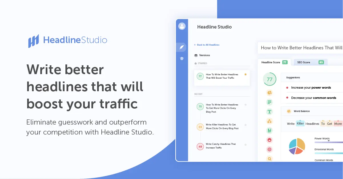 Headline Studio homepage displaying tools and suggestions for writing better headlines to boost traffic.