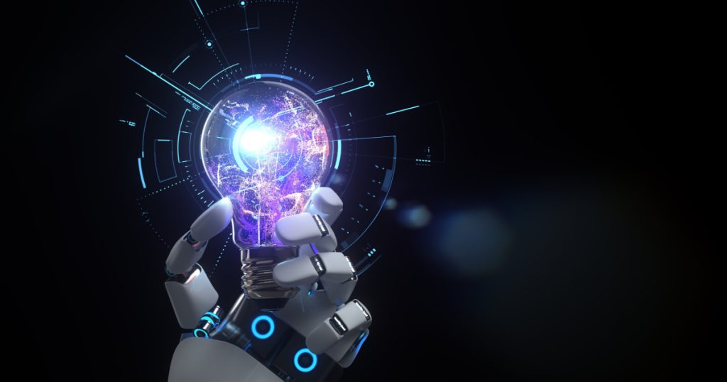 Robot hand holding a glowing light bulb with digital elements and data visualizations, symbolizing AI and innovation.