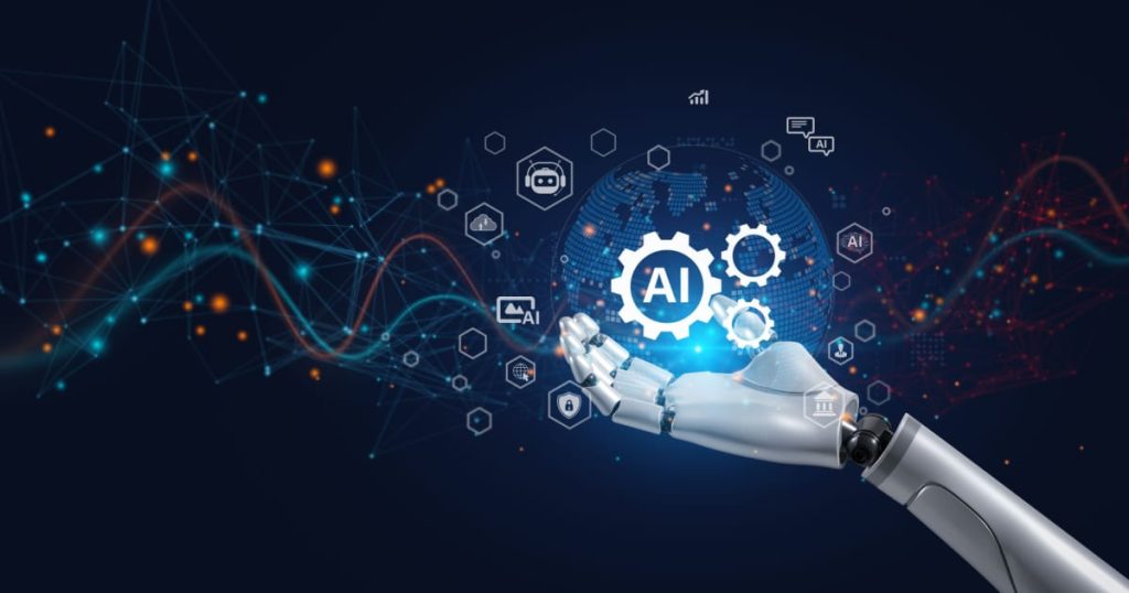 Illustration of a robotic hand holding gears with the letters 'AI' in the center, surrounded by various icons representing artificial intelligence and technology. The background features a digital network with interconnected lines and glowing nodes, symbolizing advanced AI capabilities and innovation.