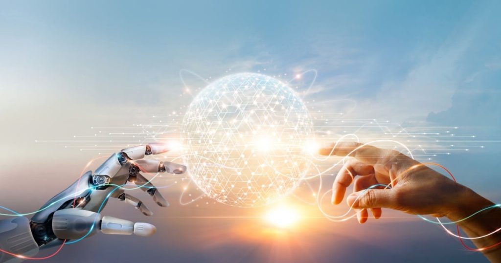 Illustration of a robotic hand and a human hand reaching towards a glowing, interconnected globe symbolizing AI and human collaboration. The background shows a serene sky with a sunrise or sunset, enhancing the futuristic and innovative theme of the image.