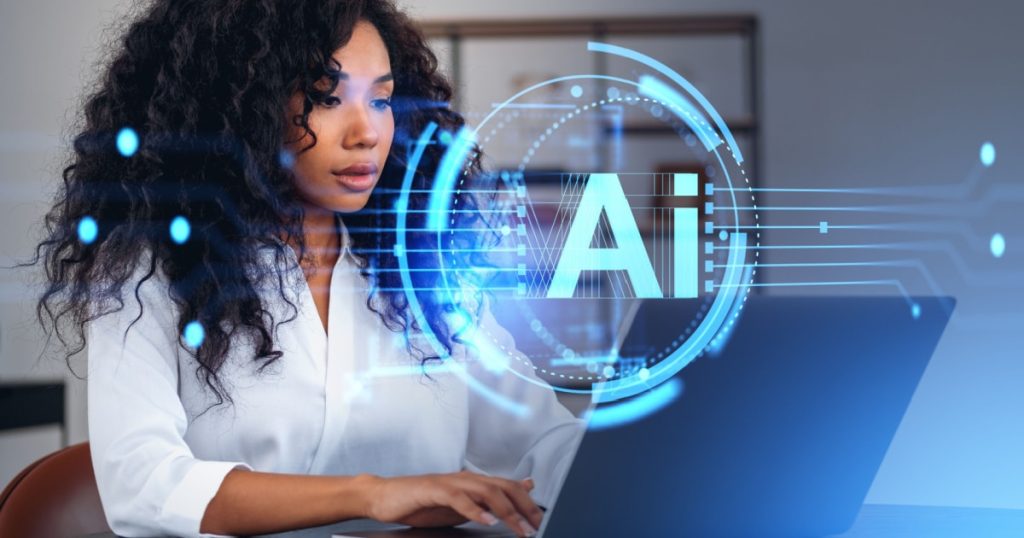 Illustration of a woman using a laptop with an AI (Artificial Intelligence) interface overlay.