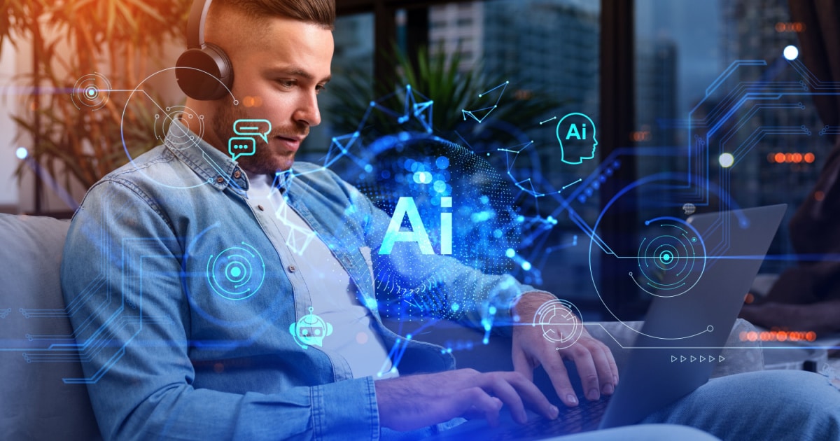 Man wearing headphones and using a laptop with an overlay of various AI-related icons, including a head profile with 'AI' text, a chat bubble, and other digital interface elements, symbolizing artificial intelligence and technology integration.