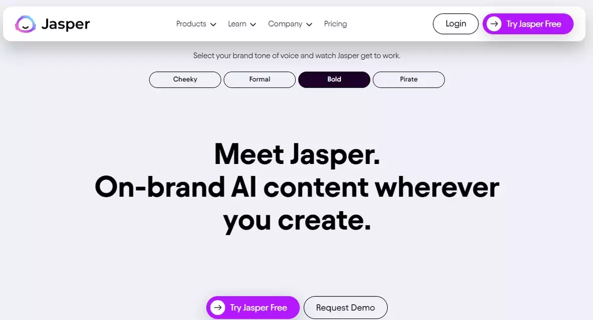 Jasper homepage featuring their on-brand AI content creation service. The banner has a headline 'Meet Jasper. On-brand AI content wherever you create.' and includes options to select the brand tone of voice (Cheeky, Formal, Bold, Pirate). There are call-to-action buttons for trying Jasper free and requesting a demo.