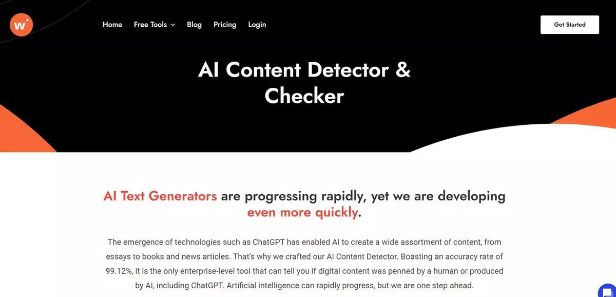 Homepage of Writecream with the title 'AI Content Detector & Checker' and a description highlighting the rapid development of AI text generators and the accuracy of their AI content detection tool.