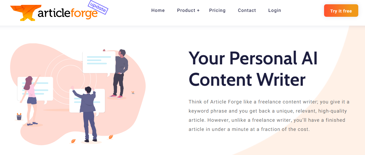 Article Forge website screenshot with the headline 'Your Personal AI Content Writer' and an illustration of three people interacting with large speech bubbles. The text describes Article Forge as an AI tool that generates high-quality articles quickly from a keyword phrase.