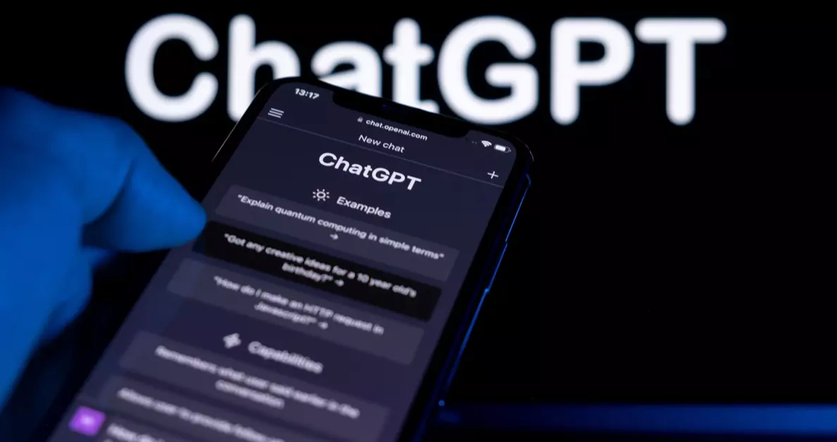 A close-up of a smartphone screen displaying the ChatGPT application interface, with the text 'ChatGPT' visible in the background. The screen shows example prompts and a dark-themed chat interface, emphasizing the AI's capabilities.