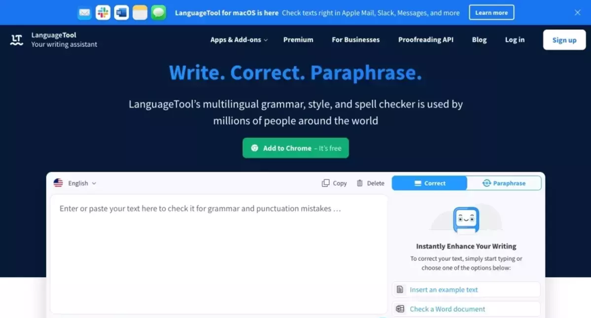 Screenshot of LanguageTool's website homepage, which offers a multilingual grammar, style, and spell checker. The headline reads 'Write. Correct. Paraphrase.' There is a text box where users can enter or paste text to check for grammar and punctuation mistakes. The site promotes its Chrome extension with a green button saying 'Add to Chrome - It's free.'
