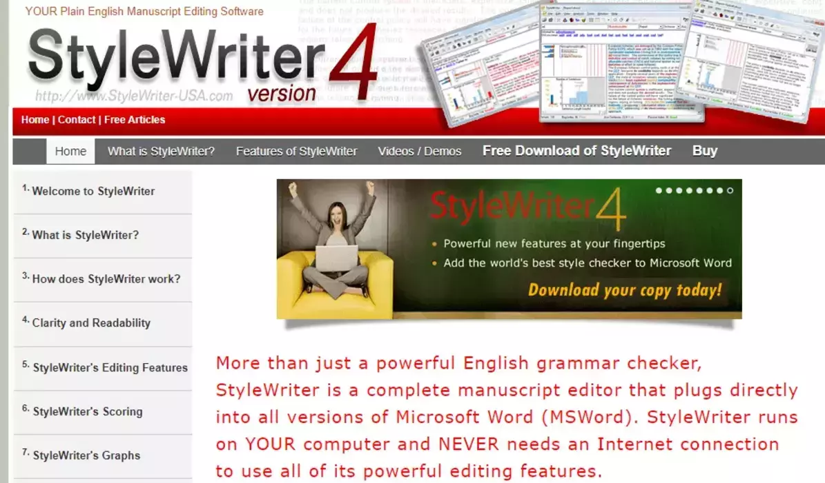 Homepage of StyleWriter 4 featuring the headline 'StyleWriter 4' and a banner image showing a person with a laptop and several screenshots of the software. The text highlights that StyleWriter is a complete manuscript editor that integrates with Microsoft Word, operates offline, and offers powerful new features for style checking. Various sections like 'Welcome to StyleWriter', 'What is StyleWriter?', and 'How does StyleWriter work?' are listed on the left side. A call-to-action invites users to download the software.