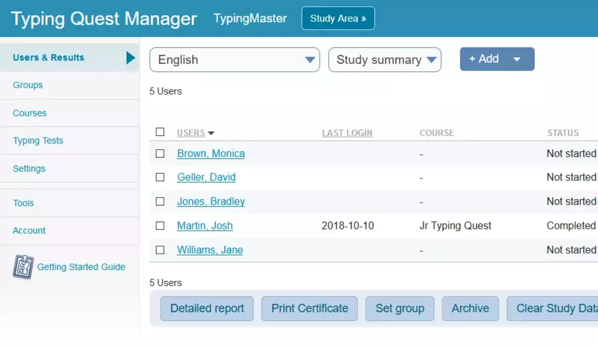 Typing Quest Manager interface from TypingMaster. The screen displays a list of users and their progress in typing courses. The menu on the left includes options for 'Groups,' 'Courses,' 'Typing Tests,' 'Settings,' 'Tools,' and 'Account.' The main section shows five users with columns for 'Users,' 'Last Login,' 'Course,' and 'Status.' User names listed include Monica Brown, David Geller, Bradley Jones, Josh Martin, and Jane Williams. Options at the bottom allow for generating a detailed report, printing certificates, setting groups, archiving, and clearing study data.