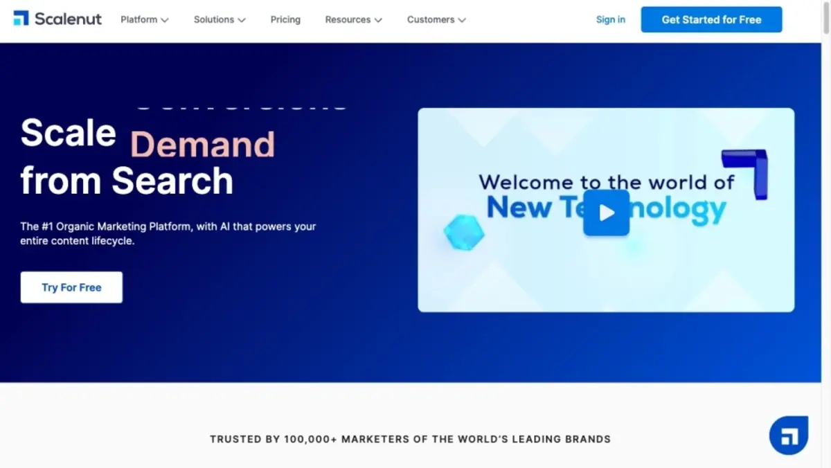Scalenut homepage showcasing their organic marketing platform with the slogan 'Scale Demand from Search'. The image highlights their AI-powered content lifecycle management. There is a call-to-action button to try Scalenut for free. Additionally, there's a video section with the text 'Welcome to the world of New Technology'. The bottom of the image mentions the platform is trusted by over 100,000 marketers from leading brands.