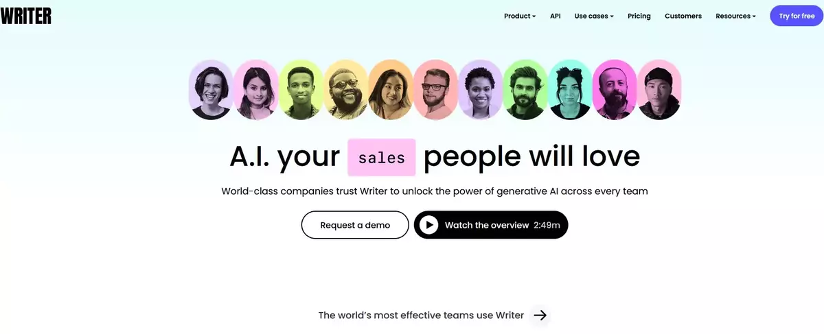 Screenshot of Writer's website homepage. The top menu includes options for Product, API, Use cases, Pricing, Customers, Resources, and a 'Try for free' button. The main section features diverse headshots and the headline 'A.I. your sales people will love.' Below, text reads 'World-class companies trust Writer to unlock the power of generative AI across every team,' with buttons for 'Request a demo' and 'Watch the overview 2:49m.' A statement at the bottom says 'The world's most effective teams use Writer.'