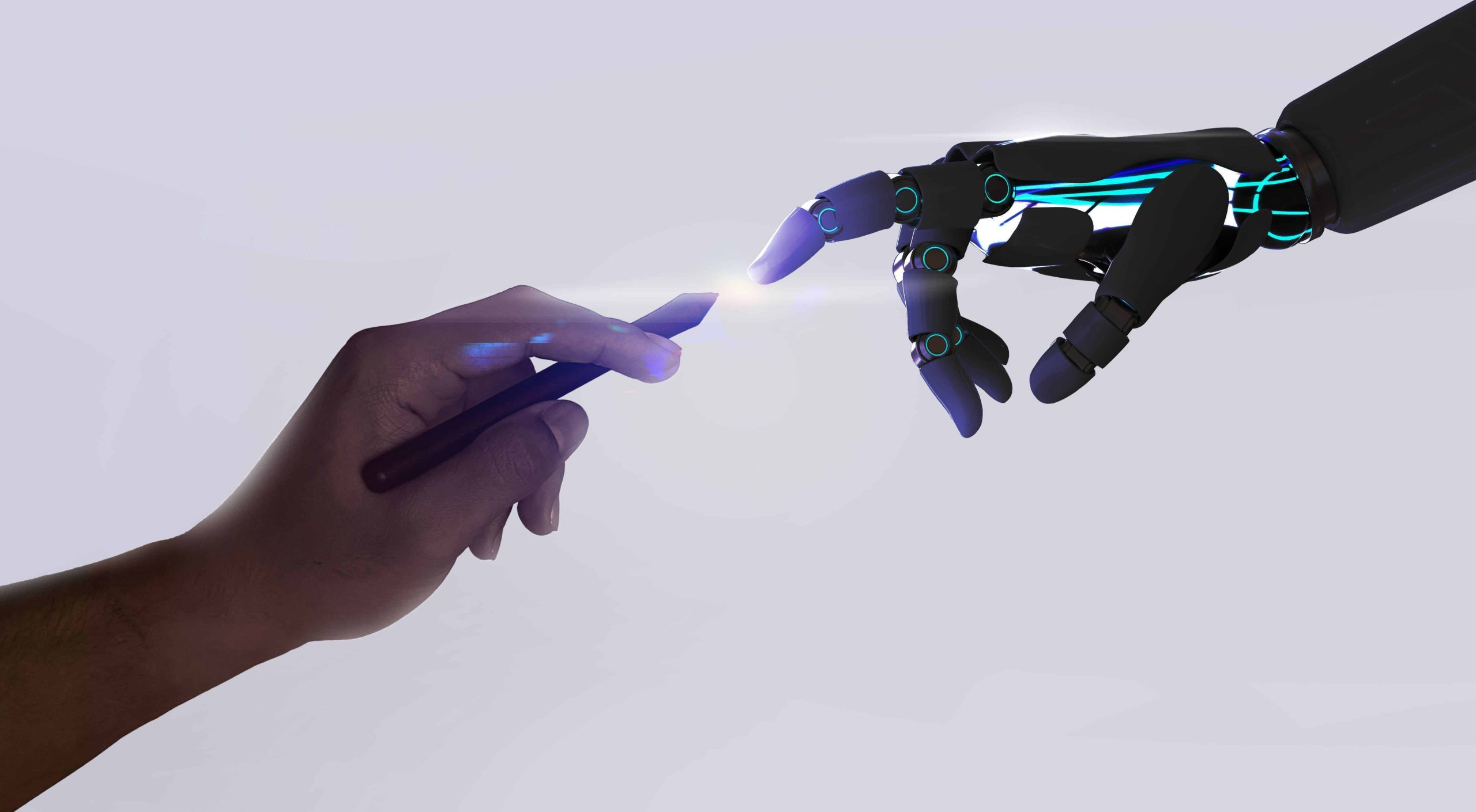 The image illustrates a human hand holding a pen reaching out towards a robotic hand, with their fingertips almost touching. The robotic hand features sleek, futuristic design elements with glowing blue accents. The scene evokes themes of collaboration and connection between humans and technology, symbolizing the integration of human creativity and artificial intelligence.
