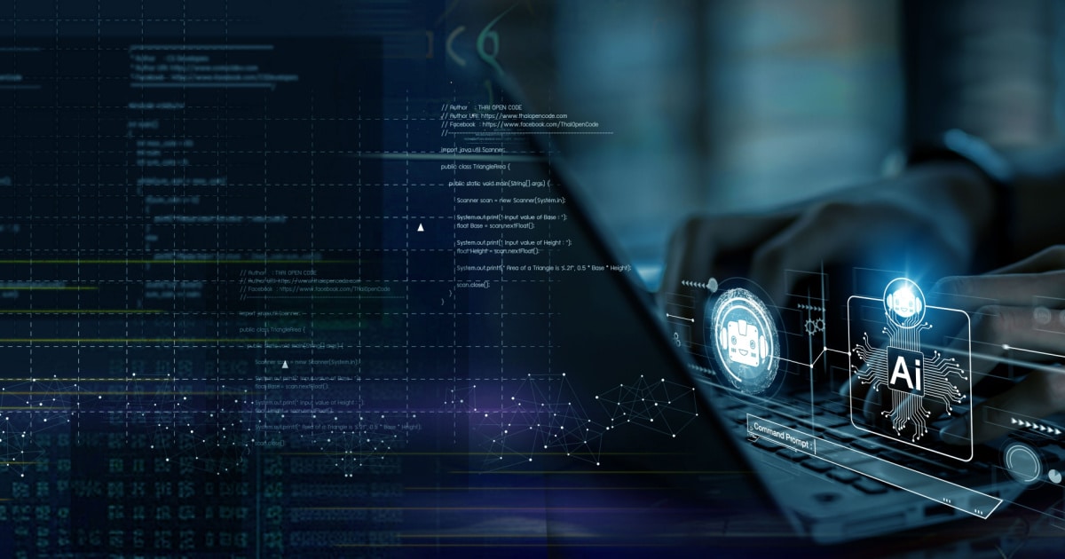 A person typing on a laptop with an overlay of digital elements and code. The screen features abstract technological graphics including code snippets and icons representing artificial intelligence (AI) and data. The background has a futuristic, high-tech feel with dark blue tones and glowing lines and nodes.