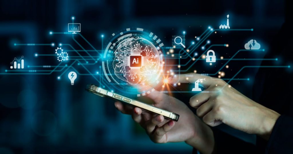 Illustration of writing efficiency tools powered by AI, showing a person using a smartphone with graphics representing various technologies like data charts, security, and automation.