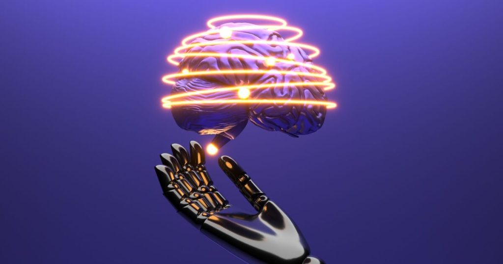 A robotic hand holds a glowing brain with neural pathways illustrated by bright, glowing lines encircling it. The background is a solid blue, highlighting the futuristic and high-tech theme of artificial intelligence and advanced technology.