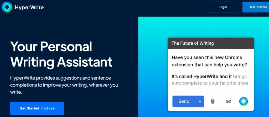 A promotional banner for HyperWrite, showcasing its writing assistant capabilities. The banner includes the text: 'Your Personal Writing Assistant. HyperWrite provides suggestions and sentence completions to improve your writing, wherever you write.' A call-to-action button labeled 'Get Started It's Free' is prominently displayed. The right side of the banner features a screenshot of a text prompt titled 'The Future of Writing,' which reads: 'Have you seen this new Chrome extension that can help you write? It’s called HyperWrite and it brings autocomplete to your favorite sites.' The navigation menu includes options for Login and Get Started.
