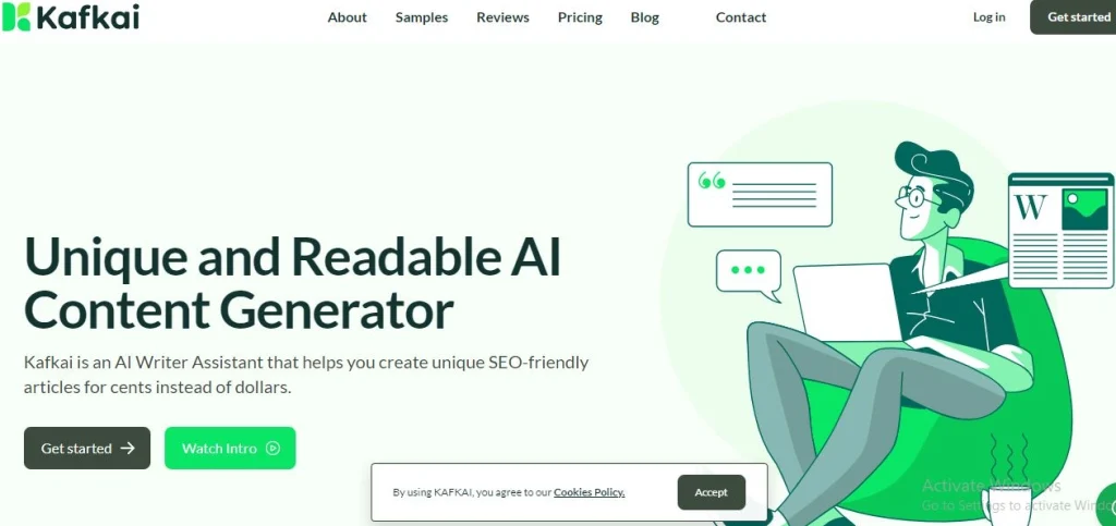 Homepage of Kafkai AI content generator displaying the slogan 'Unique and Readable AI Content Generator' and highlighting features such as creating unique SEO-friendly articles at a low cost. The page includes buttons for getting started and watching an introductory video, with an illustration of a person using a laptop.